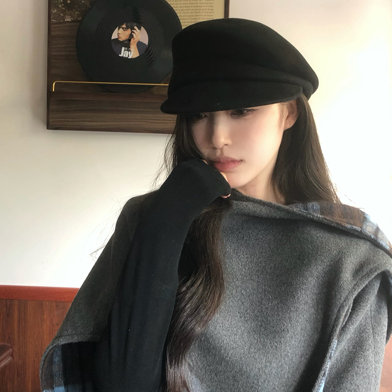 【猫仔kitten】】100%羊毛黑色贝雷帽女秋冬复古高档画家贵妇帽子