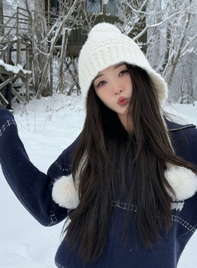 【猫仔kitten】可爱韩版手工粗针织帽子2025年新款长辫子护耳帽女
