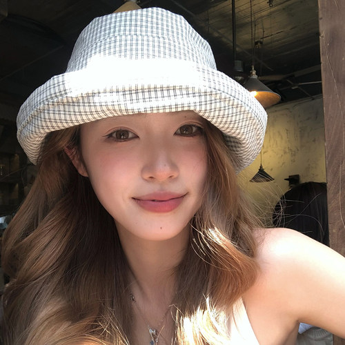 【猫仔kitten】复古格子渔夫帽女春夏日系百搭大头围防晒大檐帽子