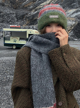 【猫仔kitten】拼色毛线帽子羊毛围巾套装显脸小绿色针织帽女保暖