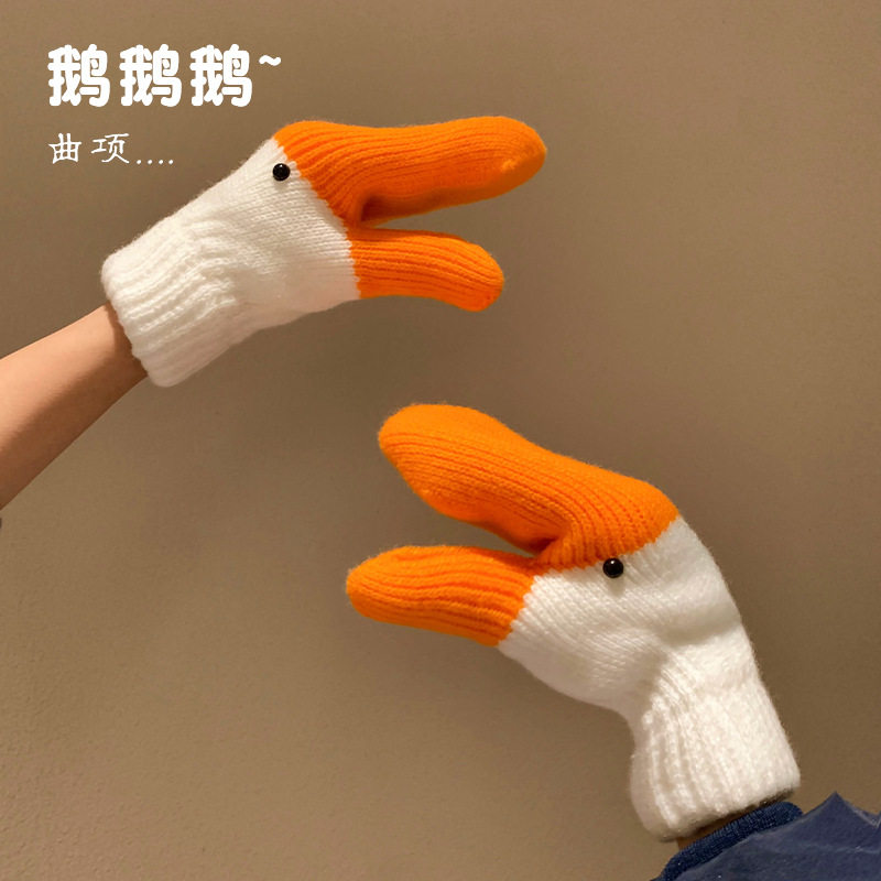 手工天鹅加绒加厚防寒连指手套