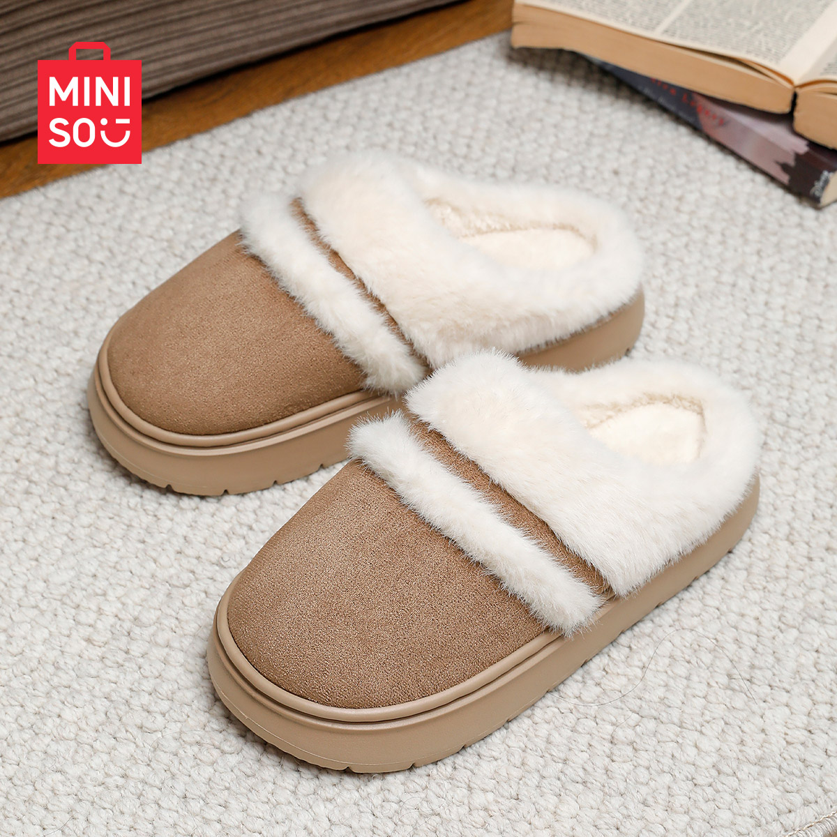 名创优品毛拖鞋女保暖洋气时尚2025新款冬厚底棉拖室内家居月子鞋
