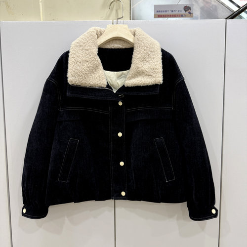 艾尔菲洋25A-D8030欧洲站25冬羊羔毛翻领磨毛牛仔短装羽绒服外套