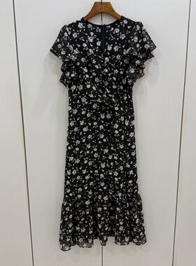 6901-DFQ26 欧洲站26夏荷叶边飞飞袖V领侧系带腰小碎花鱼尾连衣裙