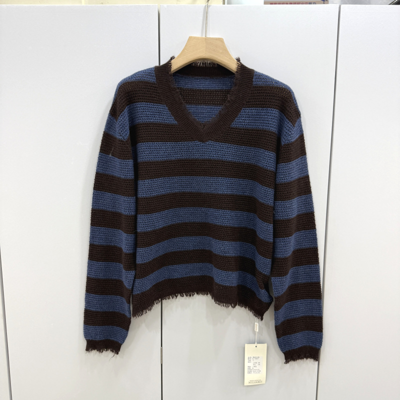 01-19827欧洲站25秋新款时尚毛边V领撞色条纹羊毛羊绒长袖针织衫