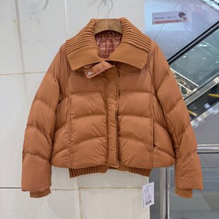 C61323 螺纹针织大盆翻领拼接假两件舒适短装羽绒服欧货26冬装