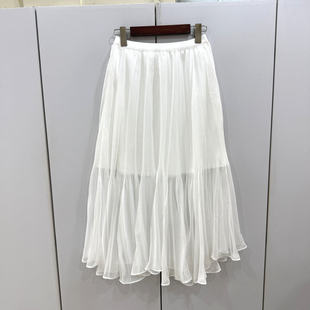 80518欧洲站2026春时尚松紧高腰压褶雪纺纱中长仙女百搭半身裙潮