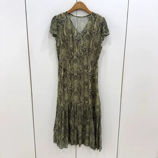 MX26788欧货复古印花连衣裙女夏V领短袖荷叶边收腰鱼尾中长裙显瘦