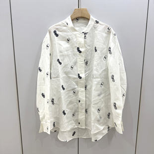 F7349欧洲站时尚 下摆不规则天丝亚麻上衣春 立领重工刺绣蝴蝶衬衫