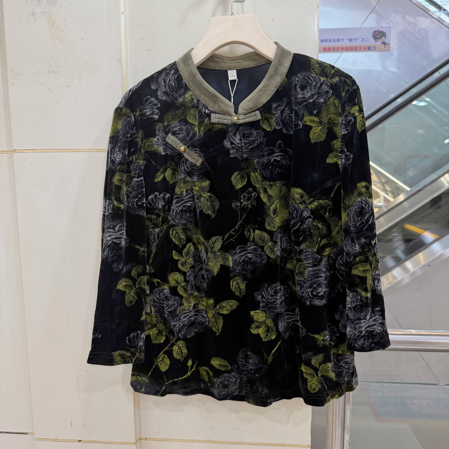莎26B001新中式立领盘扣玫瑰提花丝绒衬衫女七分袖国风上衣秋