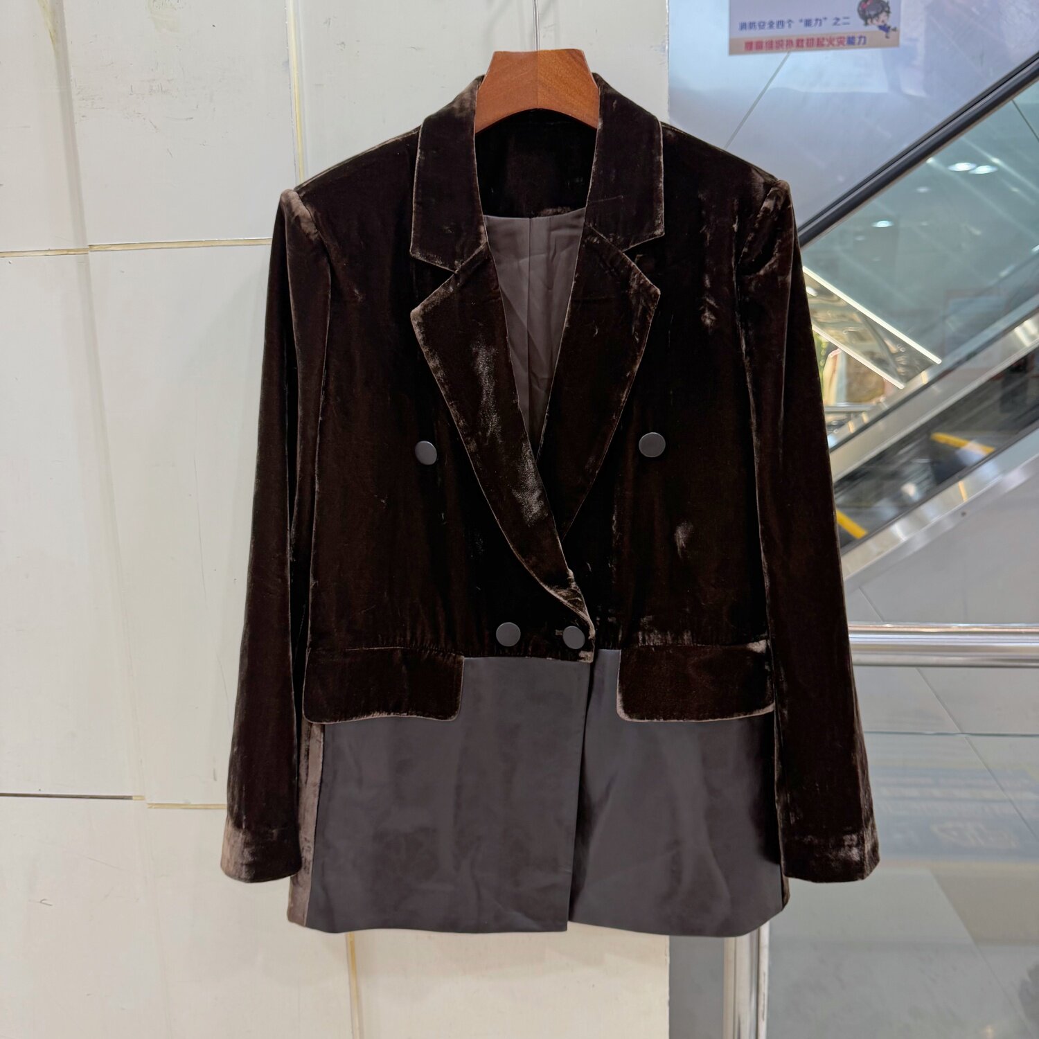37282欧货轻奢丝绒西装外套女双排扣拼接PU皮百搭显瘦气质上衣秋