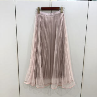 375 5895欧洲站2026春松紧高腰中长网纱A字仙女百褶百搭半身裙潮