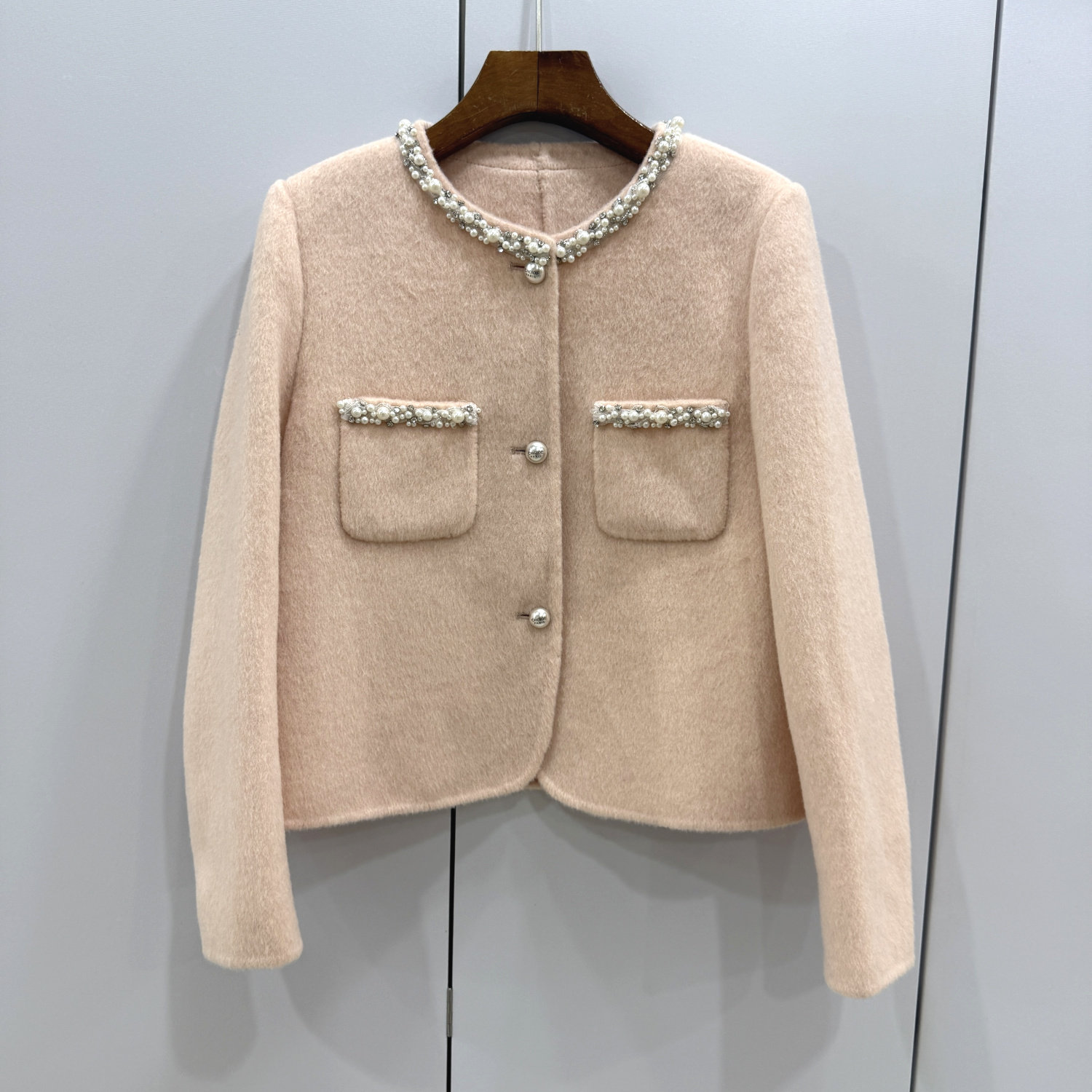 262867欧洲站25秋冬重工订珍珠圆领小香风短装双面羊毛呢大衣外套