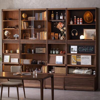 客厅实木组合书柜一体整墙展示柜落地玻璃书架黑胡桃木卡座储物柜