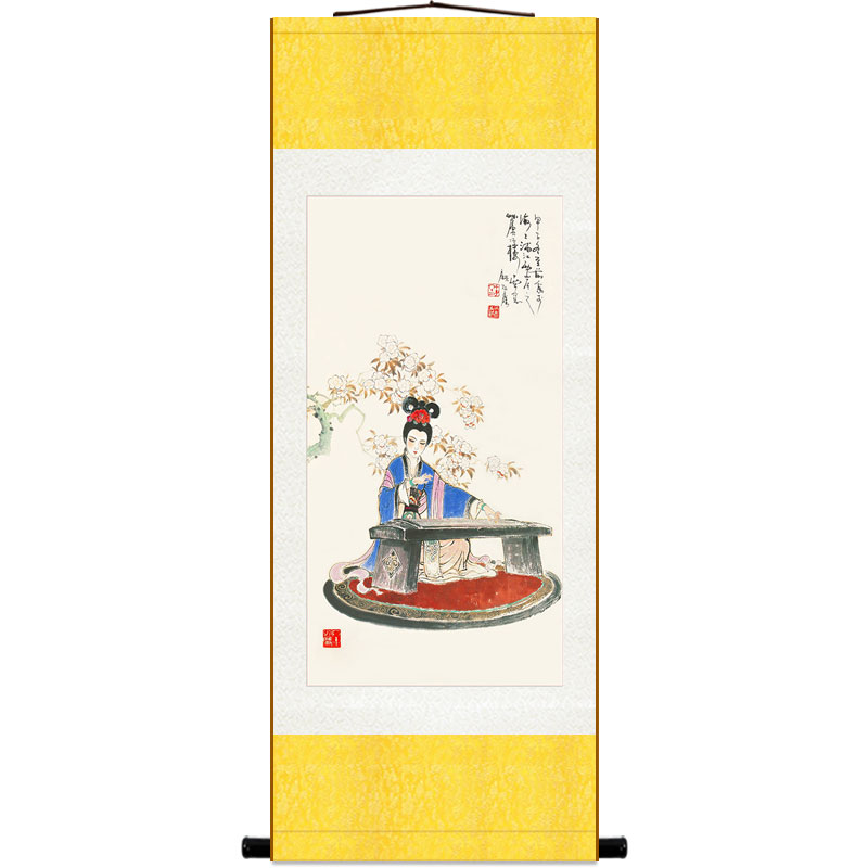 仕女抚琴图 古代美女古筝弹琴人物画像 中式卷轴挂画装饰画绢布画
