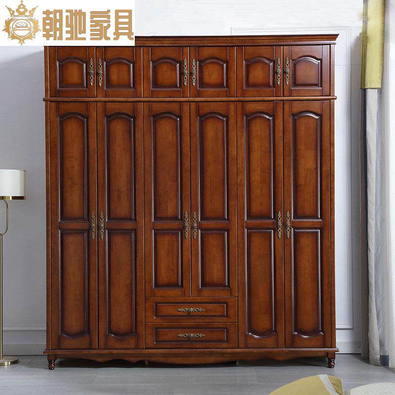 美式实木衣柜组合欧式家用简约做旧3456门对开门橡木大衣橱可加顶