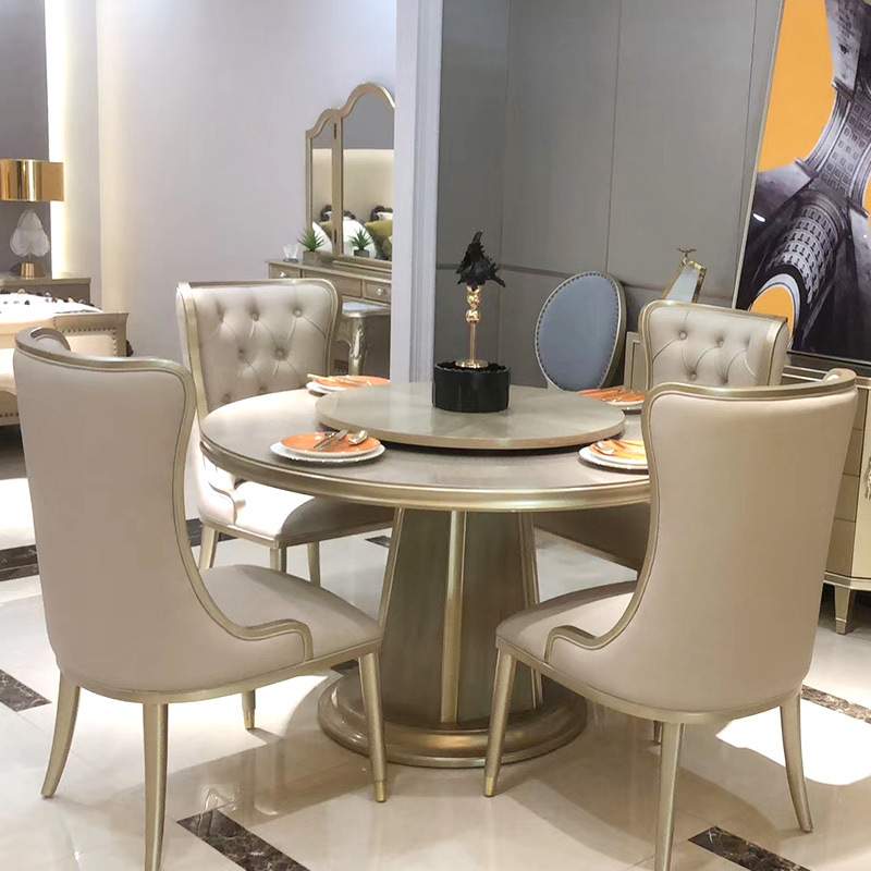 茹森 美式轻奢现代简约1.3米香槟色圆桌餐桌餐椅别墅整套家具