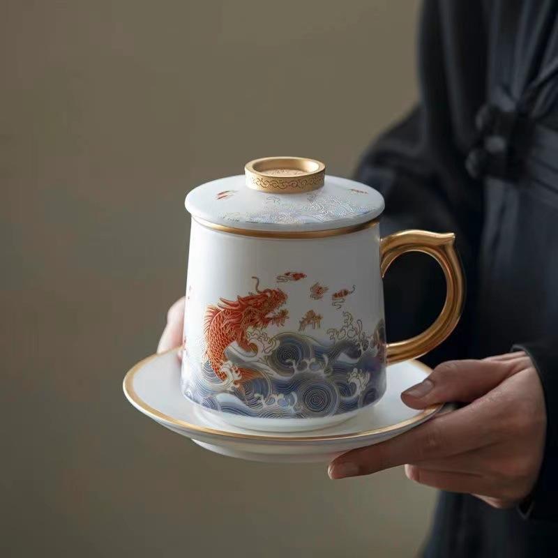 国潮风生肖龙年描金陶瓷茶杯带盖过滤茶水分离杯办公室泡茶杯