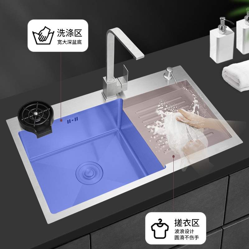 SUS304不锈钢家用户外阳台一体带搓板洗衣盆手工加厚洗菜水槽大号