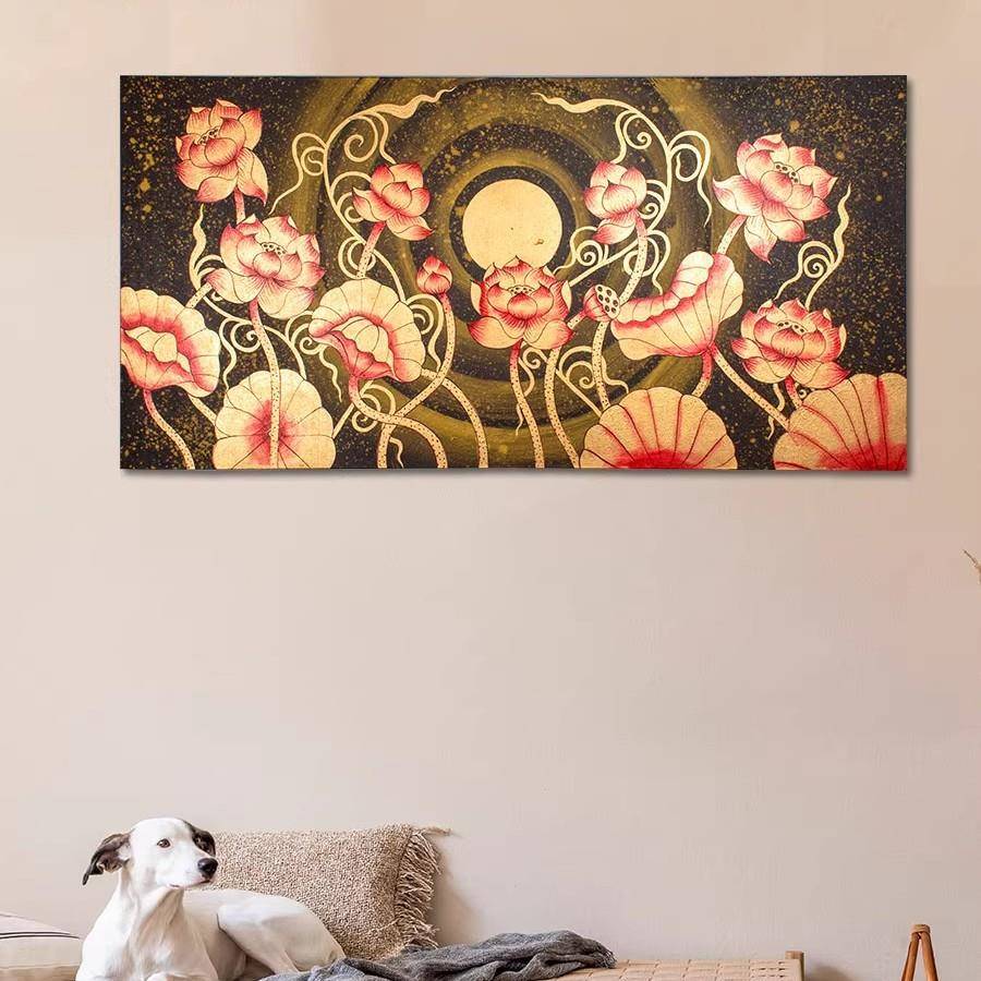 东南亚手绘油画泰式玄关走廊壁画客厅创意挂画过道横版金箔荷花