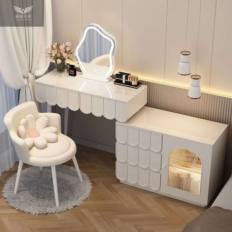 轻奢现代简约可伸缩化妆桌法式奶油风卧室梳妆台实木收纳柜一体