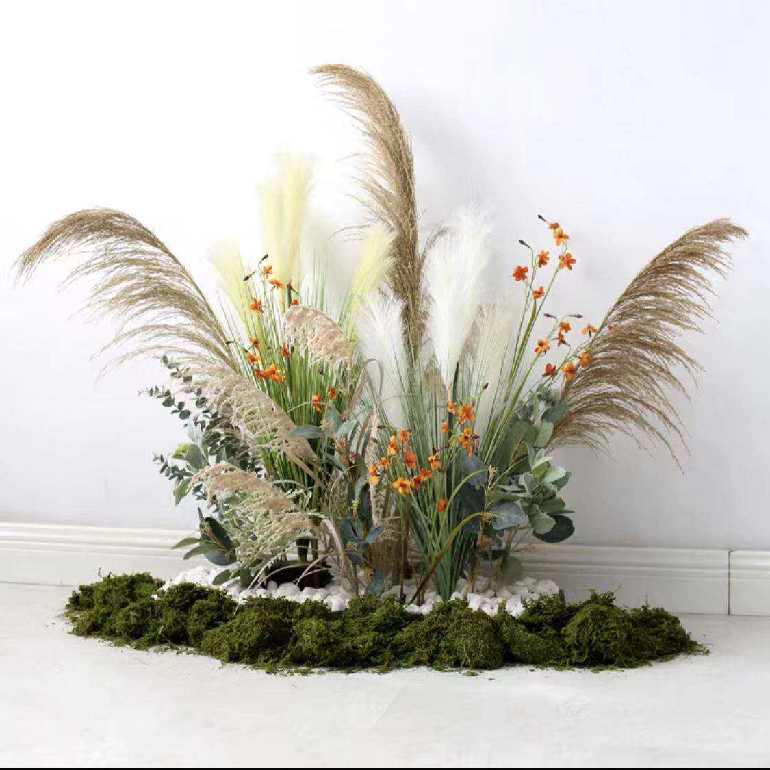 大型植物造景室内软装布置绿植芦苇景观样板间展柜楼梯角落假花草