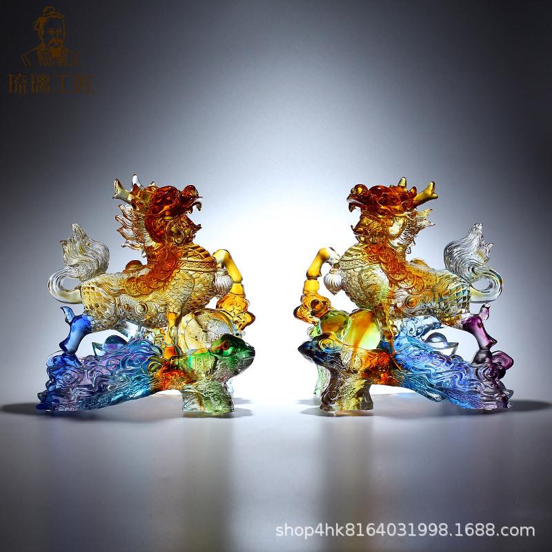 古法琉璃招财送子麒麟水晶工艺品摆件一对大号客厅装饰家用搬新家