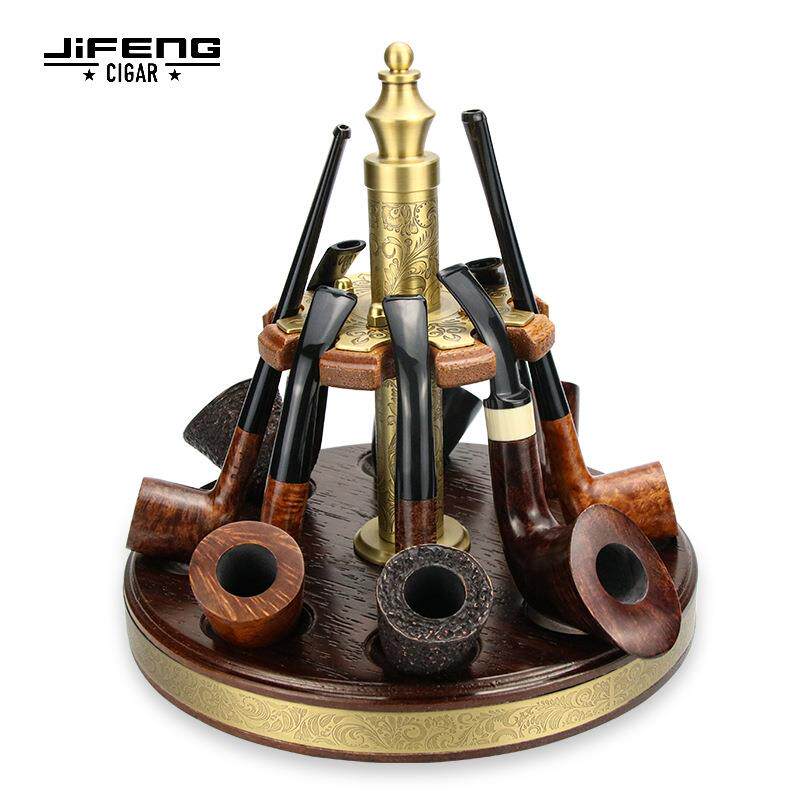 JIFENG季风实木烟斗架多槽展示座纯铜雕花菠萝格旋转多位烟斗架