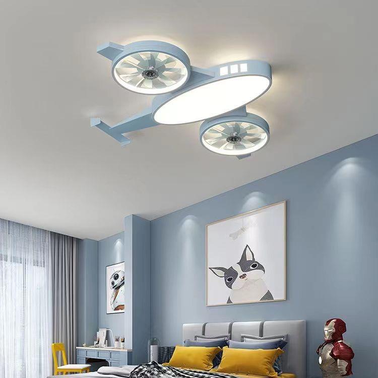 儿童房卧室灯吸顶灯电风扇一体静音风扇灯男孩房间护眼创意飞机灯