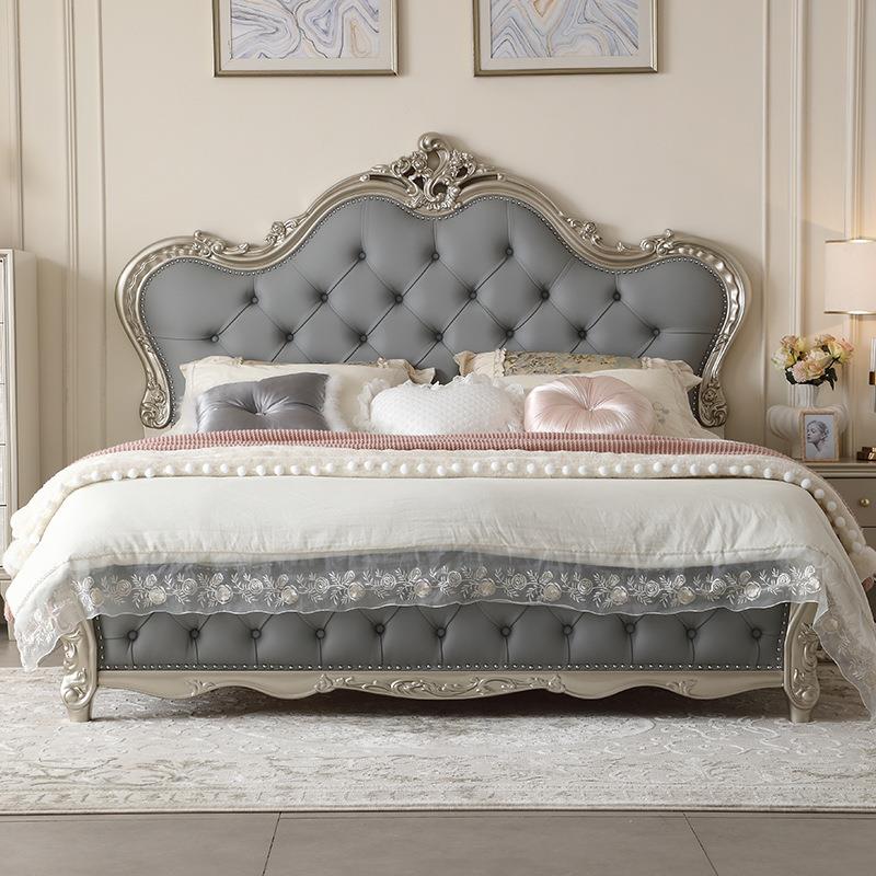 欧式实木双人床1.8米真皮雕花床美式法式轻奢实木豪华公主床婚床