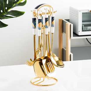 烹饪勺铲带架子厨房用品七件套 轻奢创意陶瓷手柄合金厨具套装