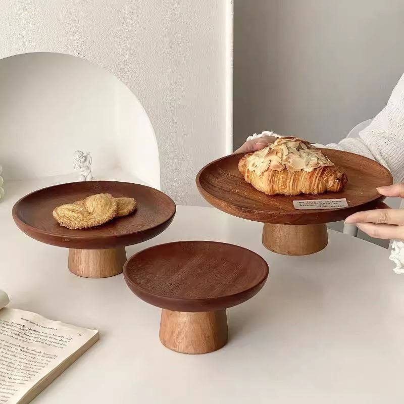 复古木质高脚盘客厅茶几家用水果点心零食盘蛋糕托盘甜品台展示架