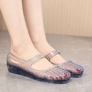 80年代广东老式凉拖鞋夏季妈妈外穿防滑塑料水晶鞋女士可下水凉鞋