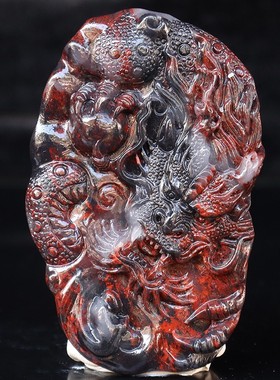 天然42*65*8mm 28g玉石挂件桂林鸡血玉石 乾坤料黑底红男士龙牌