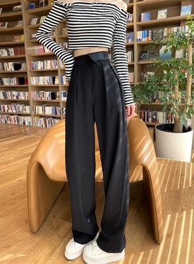 黑色阔腿裤女春秋小个子高腰垂感休闲西装裤直筒拖地工装裤子女夏