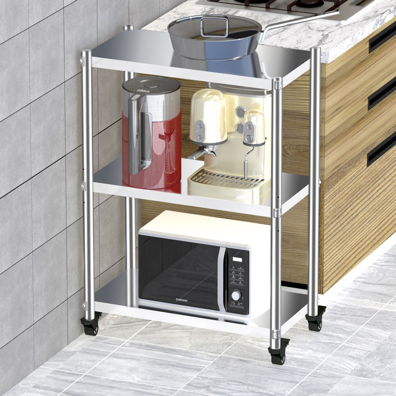 加厚不锈钢厨房置物架落地多层收纳架夹缝收纳架微波炉整理架带轮