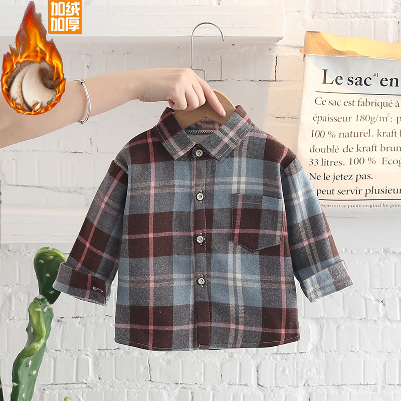 加绒格子衬衫新款男童女童洋气上衣秋冬时尚长袖外套加厚保暖衬衣