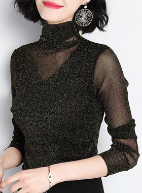 打底衫女长袖2021秋季新款气质网纱上衣修身显瘦长袖高领黑色T恤