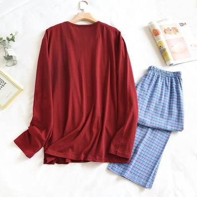 男纯棉睡衣长袖长裤圆领套头家居服针织上衣格子磨毛长裤欧美简约