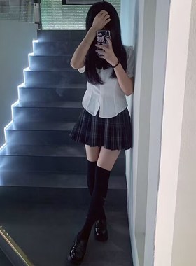 两件套/单件学院风jk制服女短袖收腰后绑带衬衫领结烟灰色百褶裙