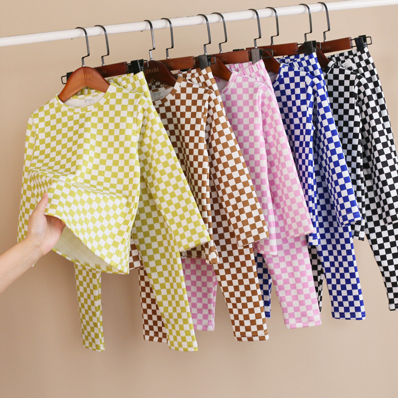 儿童格子保暖德绒内衣套装秋冬男女童秋衣卫生裤打底睡衣宝宝加绒