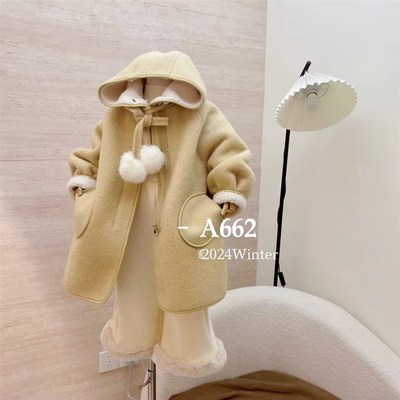 女童外套秋冬款2024新款儿童呢子洋气时髦中长款加绒加厚毛呢大衣