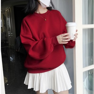 安可拉红色卫衣女2024新款加绒厚冬重磅韩式风宽松复古圆领无帽潮