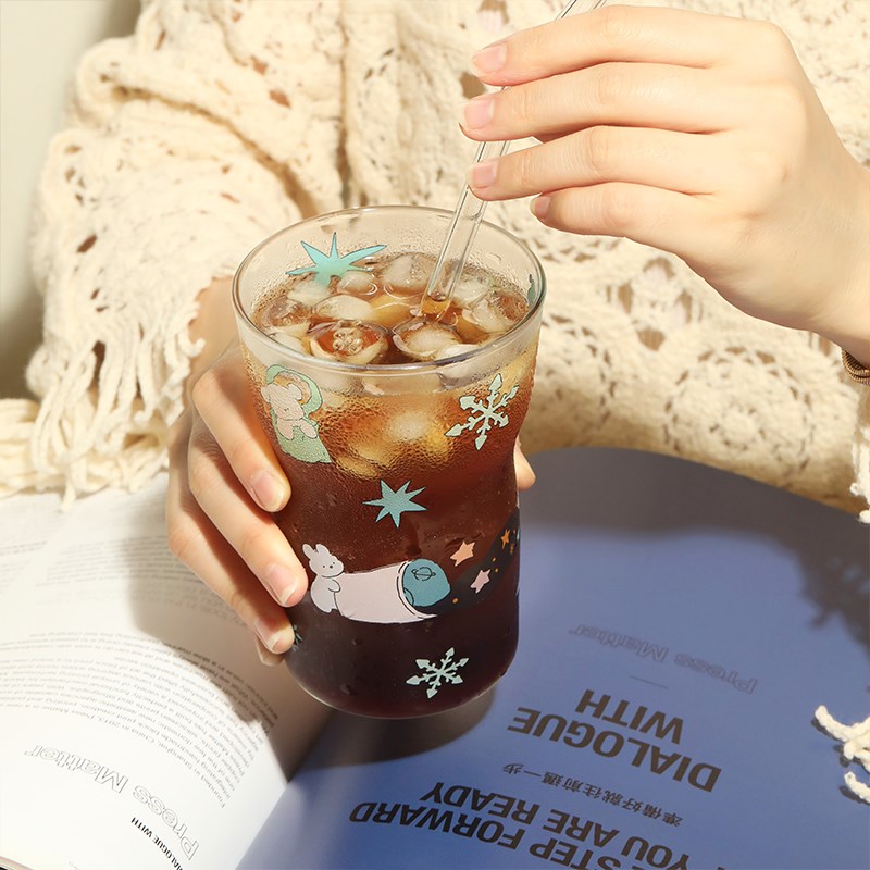 蓝莲花玻璃咖啡杯子高颜值透明冰美式杯子耐高温家用果汁杯饮料杯