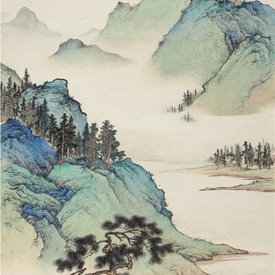 仿古画名画复制品陈少梅松溪放棹新中式装饰画山水画国画卷轴挂画