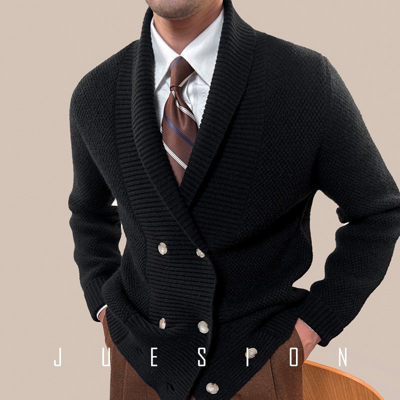 JUESION 重磅针织外套男士青果领双排扣毛衣保暖秋冬季新款开衫男