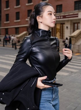 MOONA黑色皮衣打底衫女秋季显瘦高弹力修身机车外穿内搭紧身上衣