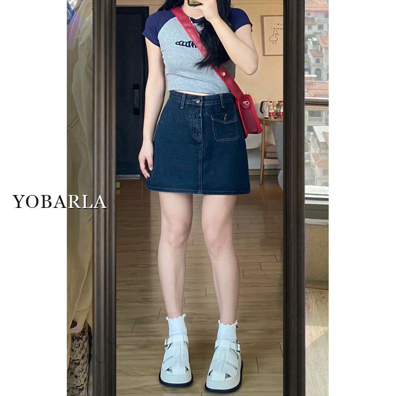 深蓝色牛仔短裙女夏季新款高腰大码胖mm遮肚子显瘦a字包臀半身裙