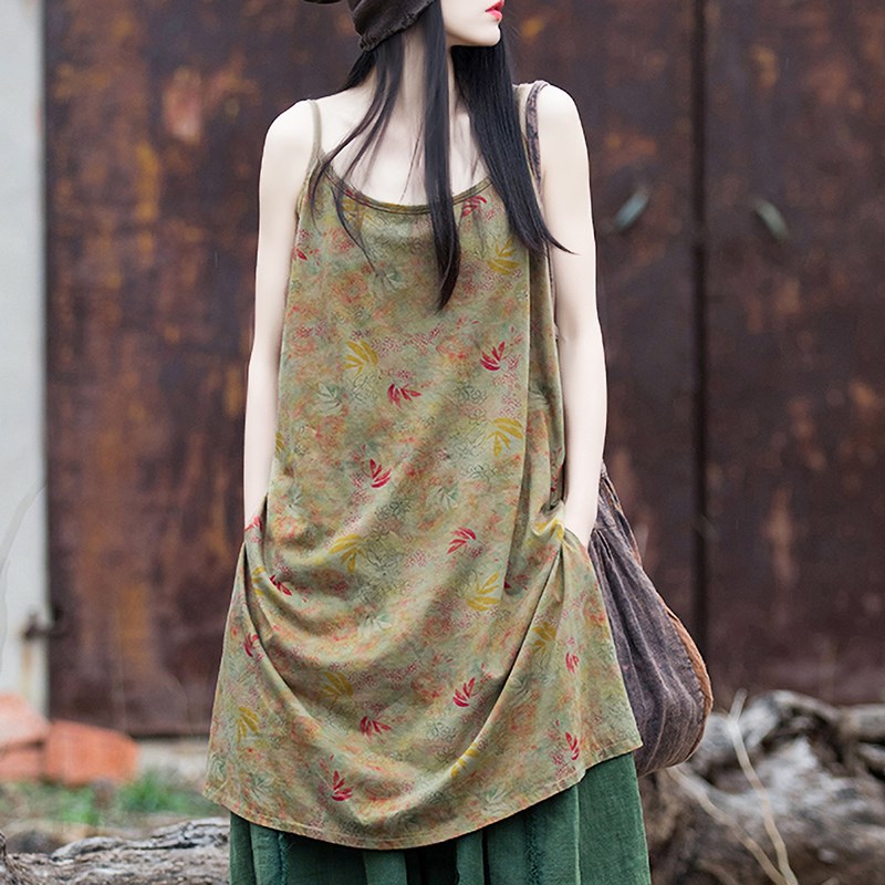 无袖沙滩裙女夏季2025新款中长款宽松复古背心显瘦禅修吊带连衣裙