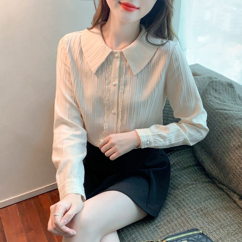 冠幂2023秋新款长袖雪纺衫百搭气质娃娃领洋气简约清新衬衫开衫衣
